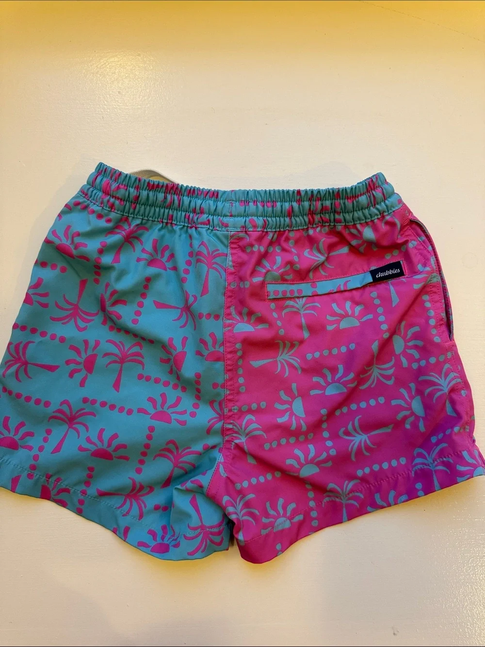 chubbies Teal Swim Trunks with Pink Palm Print